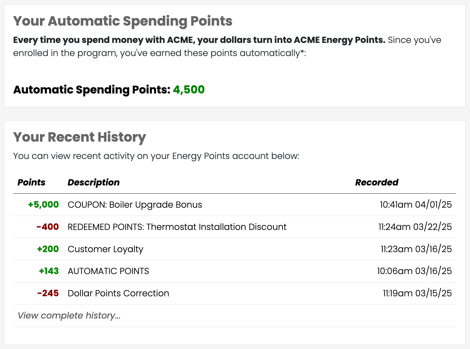 Points Summary Screen